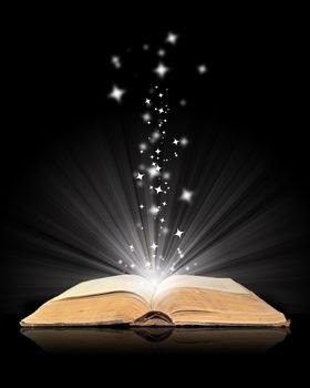 open book with sparks flying upward