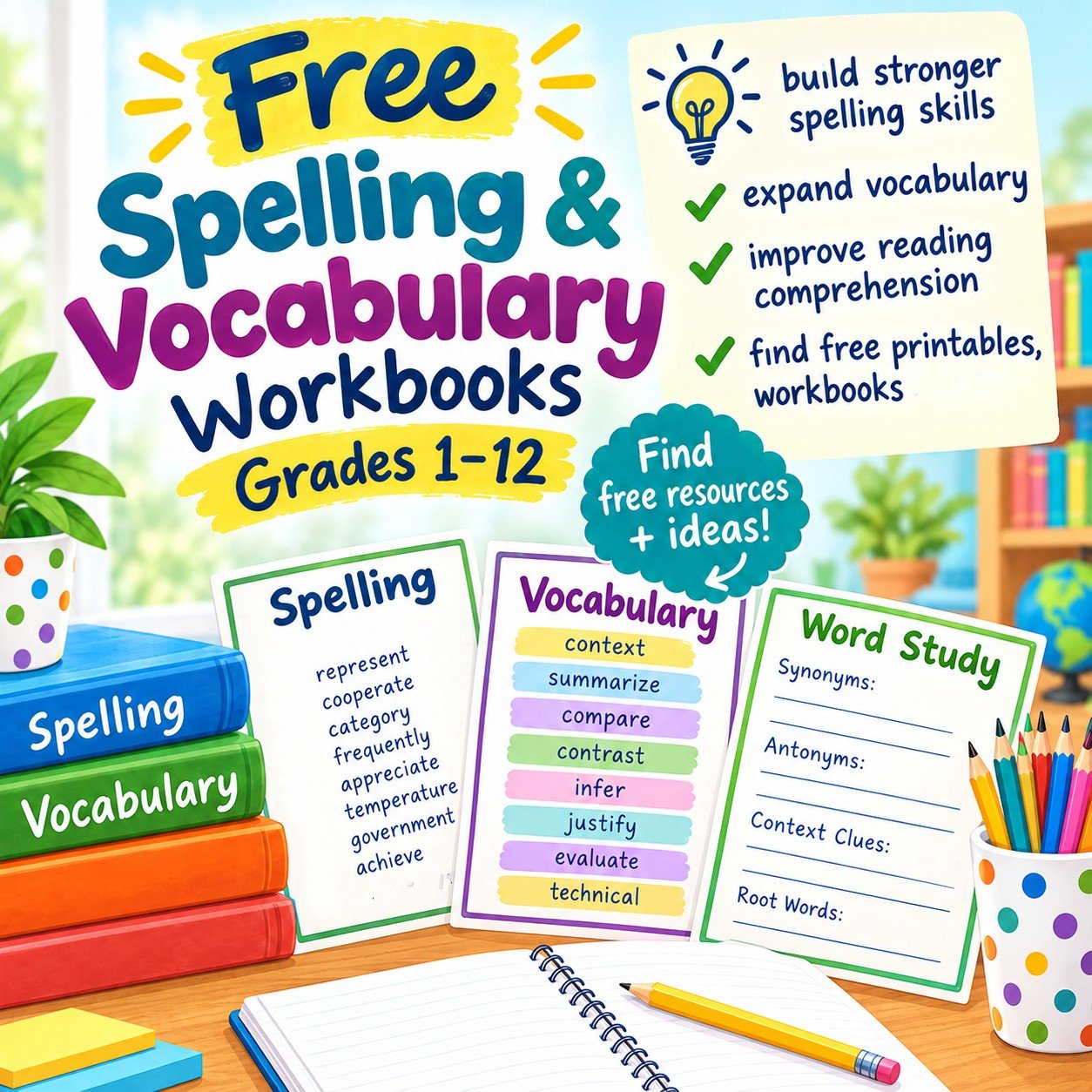 Free Spelling and Vocabulary Workbooks Grades 1 – 12