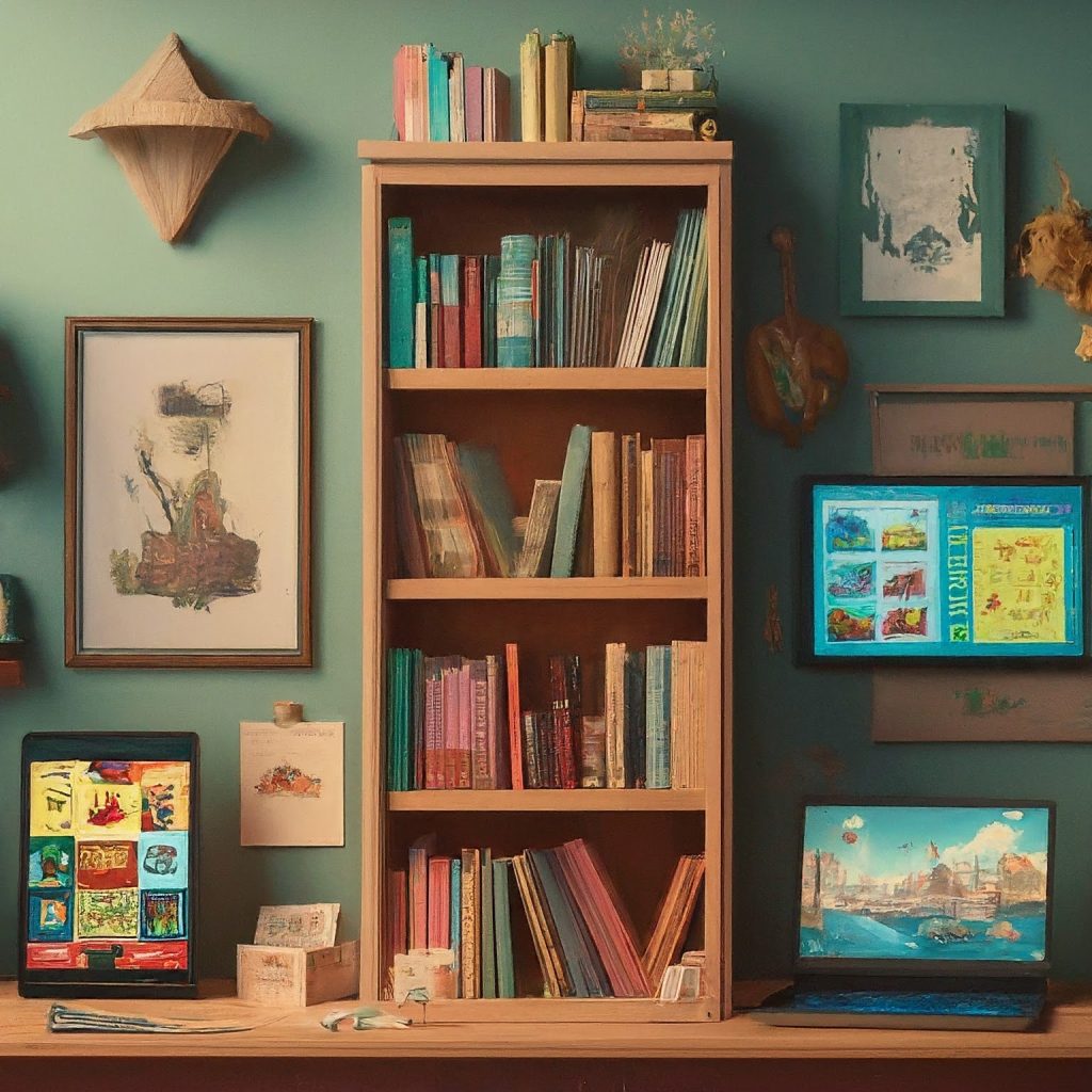 bookshelf with books on desk with computer tablets