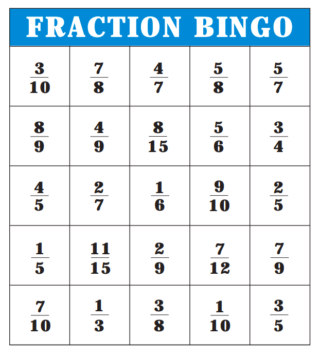 fraction bingo card