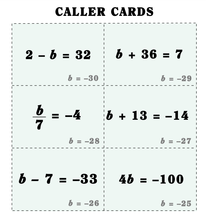 equation bingo card