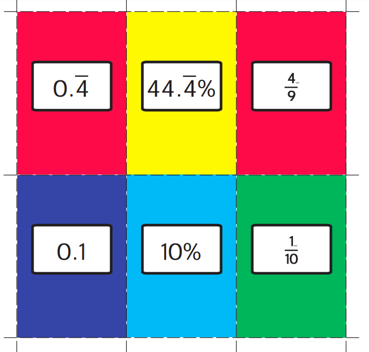 fractions, percents, decimals game cards