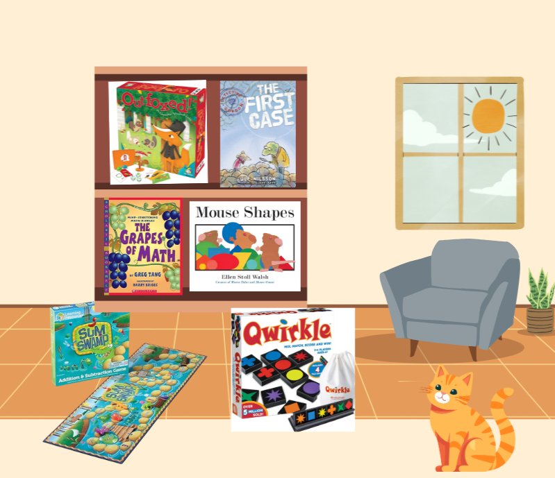 living room with games and books and cat