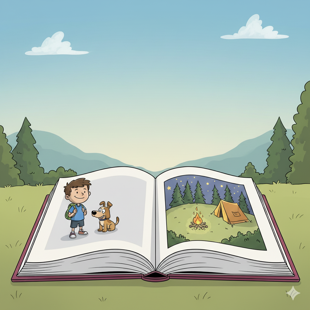 a boy, dog popping out of page; a campsite with tent and fire popping out of page