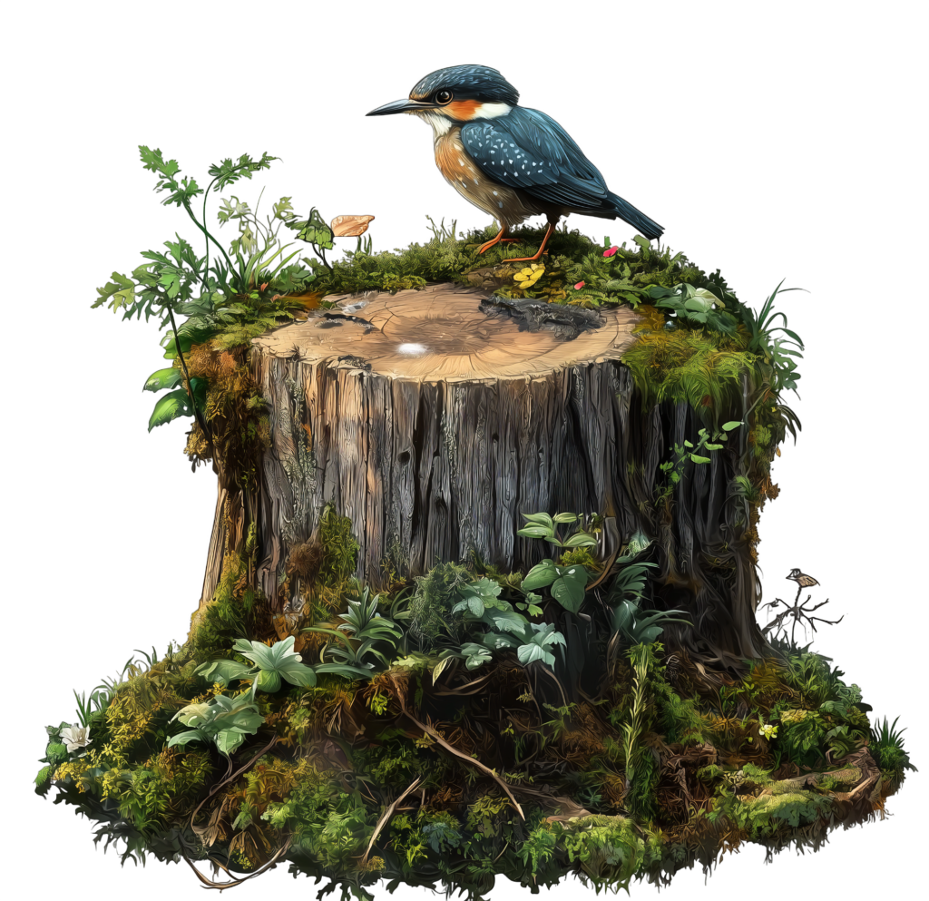 bird on a tree stump